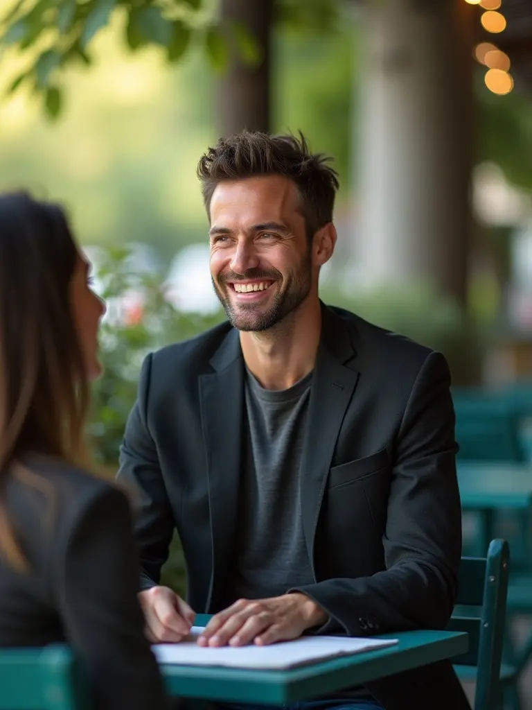 Atoro Smiling cybersecurity consultant meeting with a client outdoors.